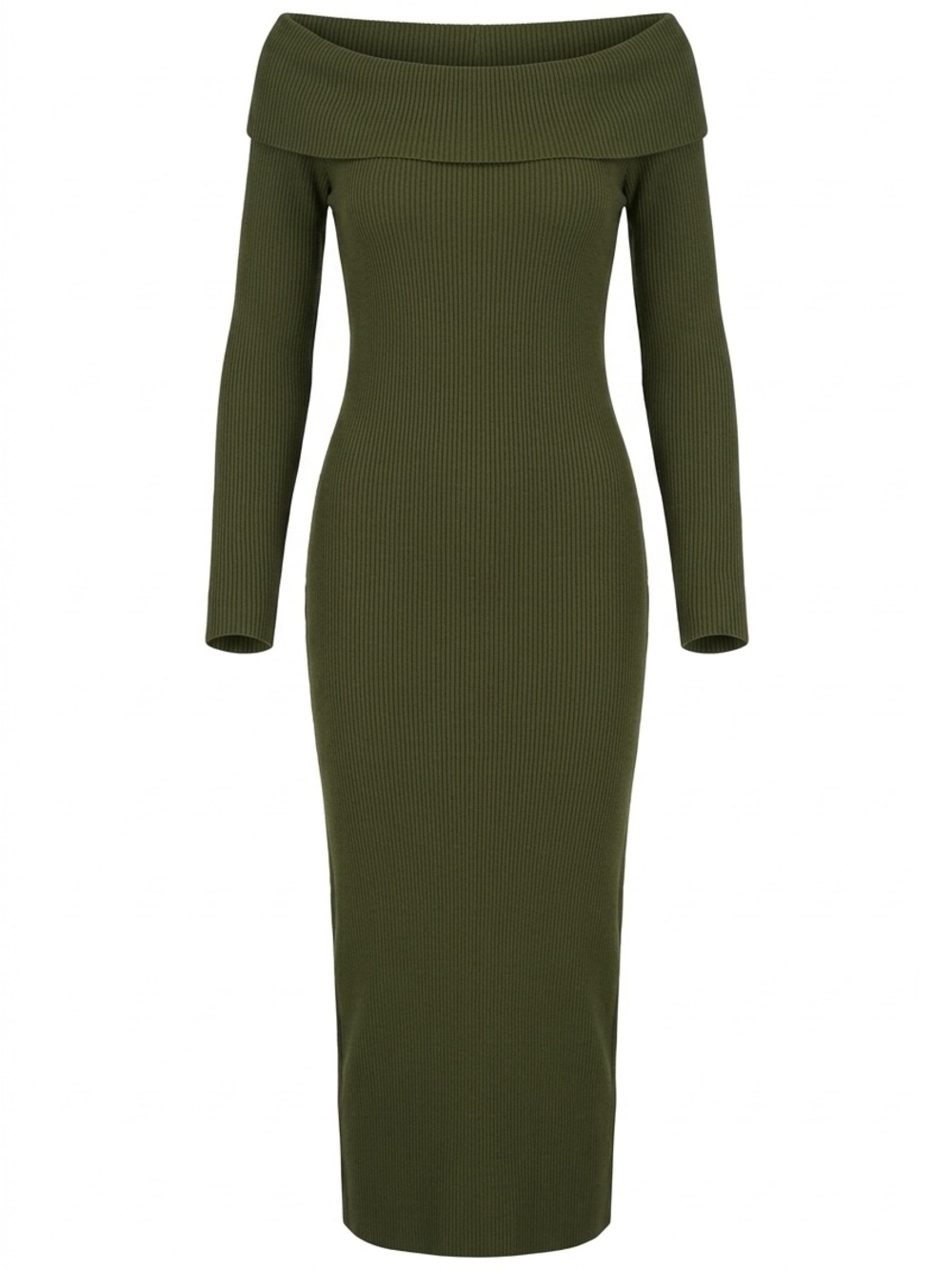 Off-Shoulder Ribbed Maxi Dress in Olive